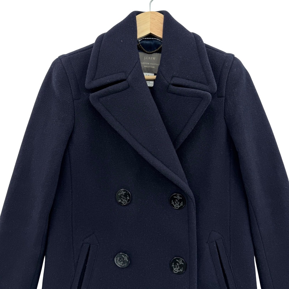 Vintage J. Crew Womens Pea Coat 00‎ Navy Blue Double Breasted Stadium Cloth - Picture 2 of 12